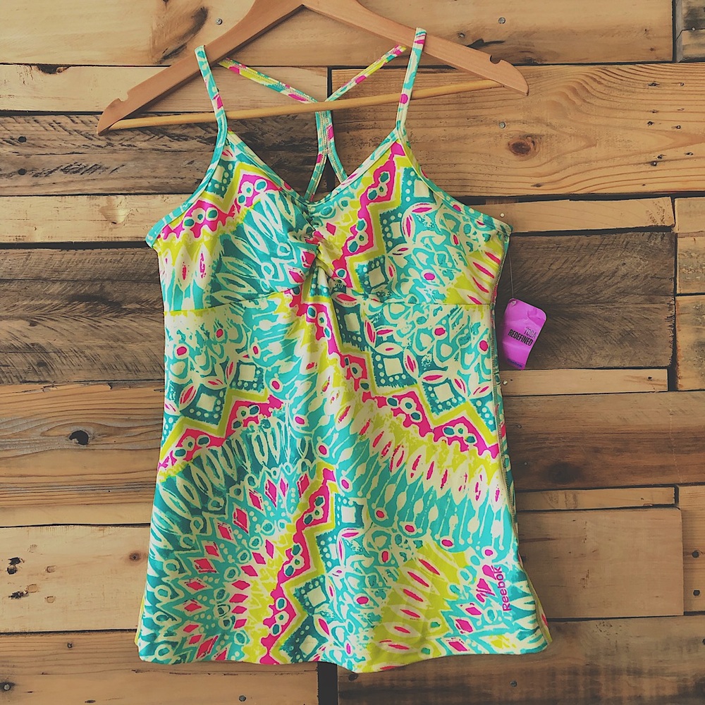 REEBOK NWT YOGA REDEFINED racer back, colorful yoga or exercise top, size M